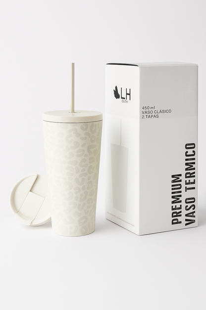 Vaso Térmico 460ml + 2 Tapas Blanco Leop